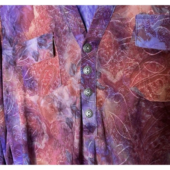Y2K Embroidered Tie Dye Top Henley Womens Medium Petite Purple Pink Artsy Blouse - Picture 10 of 11